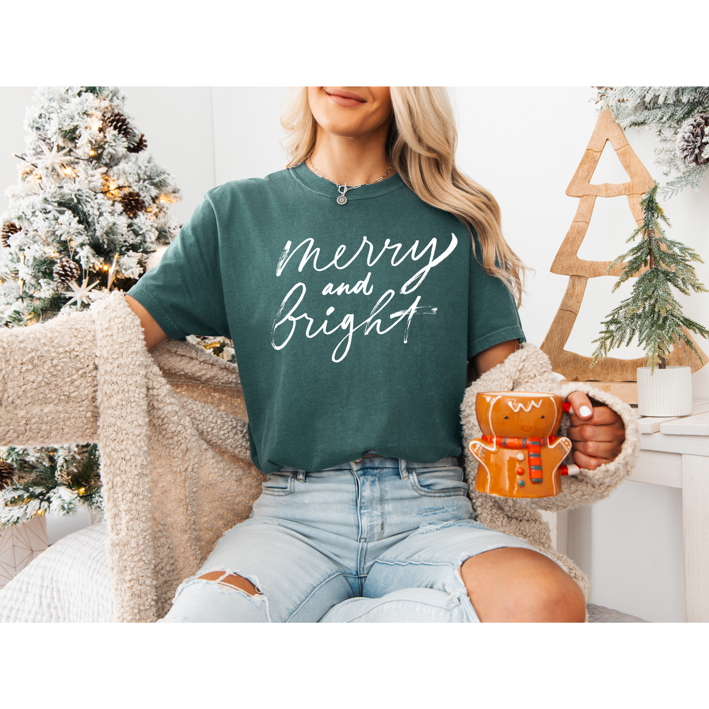 Christmas T-shirt: Merry and Bright Script Font Tee, Holiday Shirt, Festive Apparel, Xmas Top, Seasonal Clothing