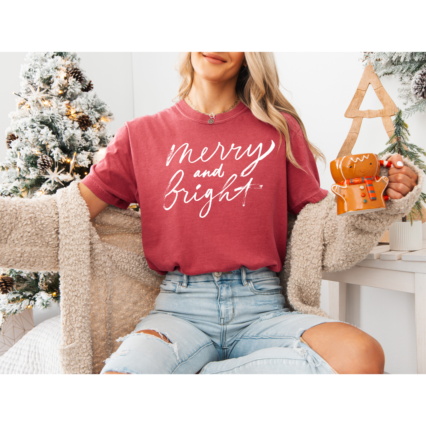 Christmas T-shirt: Merry and Bright Script Font Tee, Holiday Shirt, Festive Apparel, Xmas Top, Seasonal Clothing