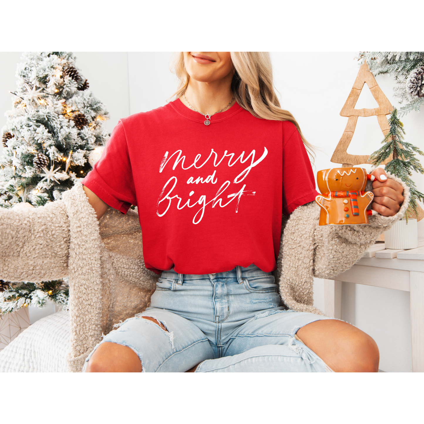 Christmas T-shirt: Merry and Bright Script Font Tee, Holiday Shirt, Festive Apparel, Xmas Top, Seasonal Clothing